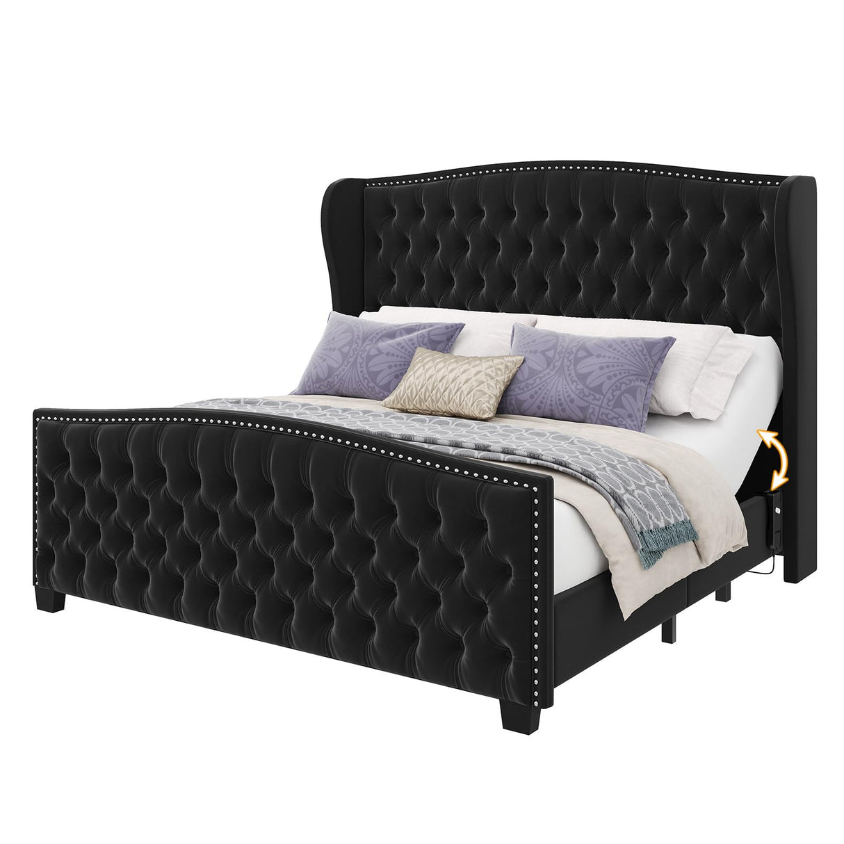 LUXOAK Adjustable King Bed Frame with Tufted Headboard and Wingback, Smart Adjustable Bed Base with Dual Motor & Remote Control, Velvet Upholstered Electric Bed Head Incline/No Box Spring Needed/Black LUXOAK