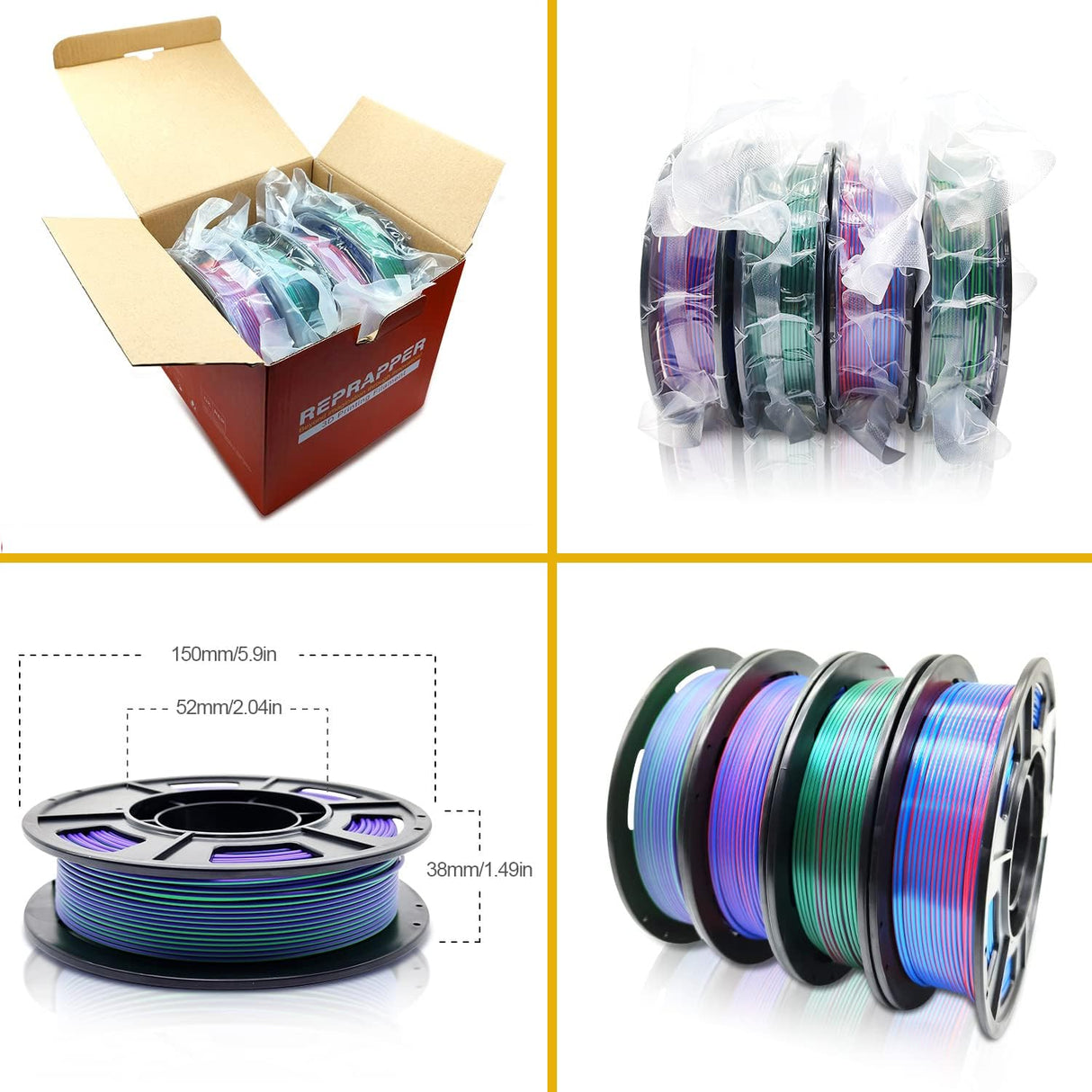 Reprapper Dual Color PLA, Coextrusion Dual Color PLA Filament 1.75mm for 3D Printer, Muliticolor Silk PLA Like Rainbow, 4 x 250g Unboxing Pack RepRapper