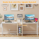 Furologee Double Desk with Power Outlets, 71 Inch Computer Desk with Storage Bag and Headphone Hooks, Gaming Desk Study Writing Table for Home Office, White Furologee