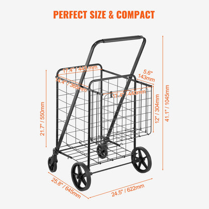 VEVOR Folding Shopping Cart, Jumbo Grocery Cart with Double Baskets, 360° Swivel Wheels, Heavy Duty Utility Cart, 110 LBS Large Capacity Utility Cart for Laundry, Shopping, Grocery, Luggage - WoodArtSupply