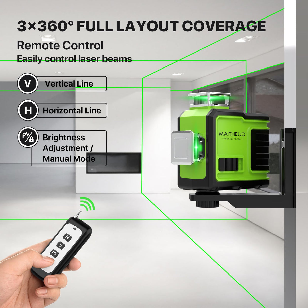 MAITHEUO Laser Level Self Leveling 3x360° Green Cross Line Outdoor Laser Level for Construction, with Remote Control, Rechargeable Batteries Work for MAITHEUO