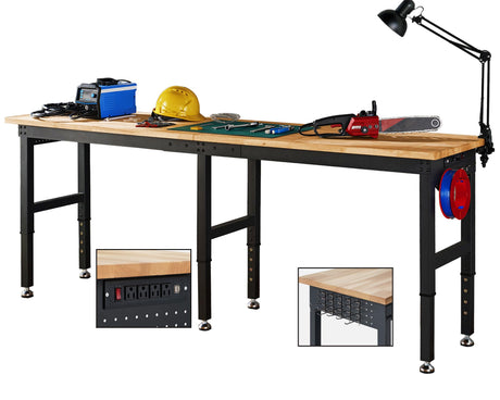 Albott 96x24 Adjustable Workbench, 28.7-38.6" Height, Rubber Wood Top, Heavy-Duty Design with Power Outlets & Hooks, 5000 LB Capacity for Garage, Workshop, Home, or Office Albott