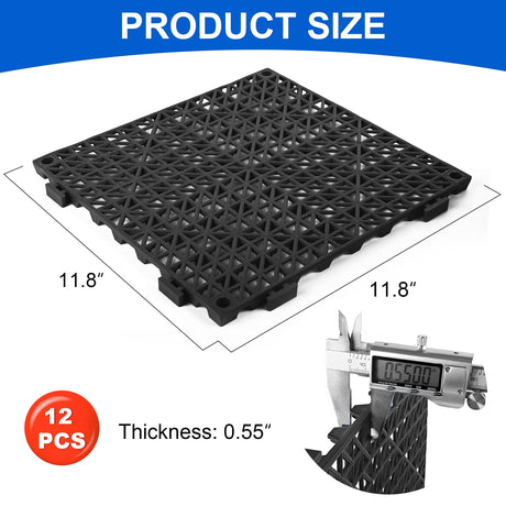 MYFAMIREA Modular Interlocking Cushion 12 Pack 11.8" x 11.8" Rubber Floor Tiles Non-Slip Splicing Drainage Mats for Deck, Pool, Outdoor Shower, Patio, Balcony, Indoor Bathroom, Kitchen, Yard (Black) MYFAMIREA