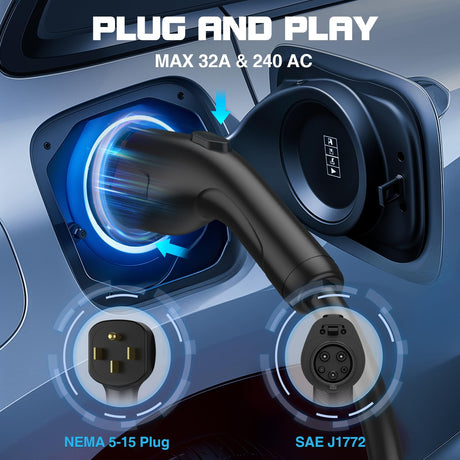 Portable EV Charger Level 2, ETL Certified 32A 240V NEMA 14-50 Electric Vehicle Charger, 7.4KW Level 2 Car Charger for J1772 with 25FT Adjustable Current and Reserve Charging Time for Home & Travel GRECELL