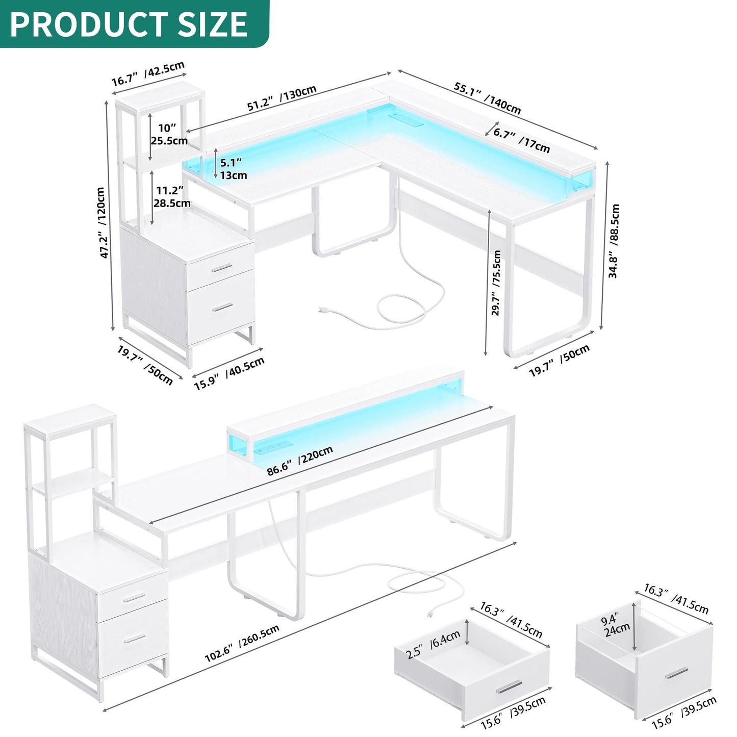 YITAHOME L Shaped Desk with Power Outlets & LED Lights, Reversible Computer Desk with Drawers & Hutch, Corner Desk Office Desk with Monitor Stand, Printer Stand, 2 Person Desk, White - WoodArtSupply