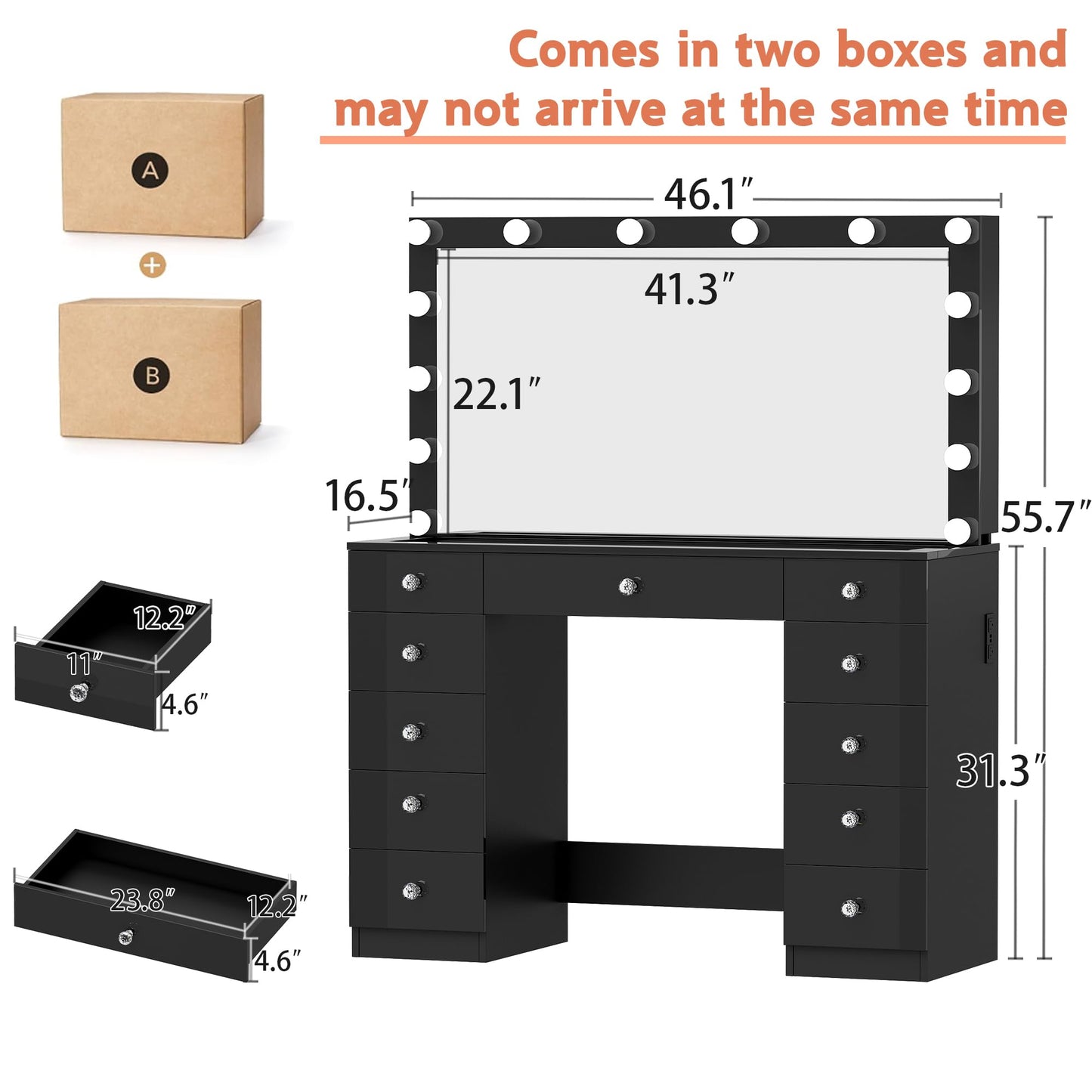 Vanity Desk with Power Outlet, Makeup Vanity with Mirror and 14 LED Light, 3 Lighting Modes,11 Drawer Vanity Table with Sliding Jewelry Storage, Glass Top, Specular Surface, Black