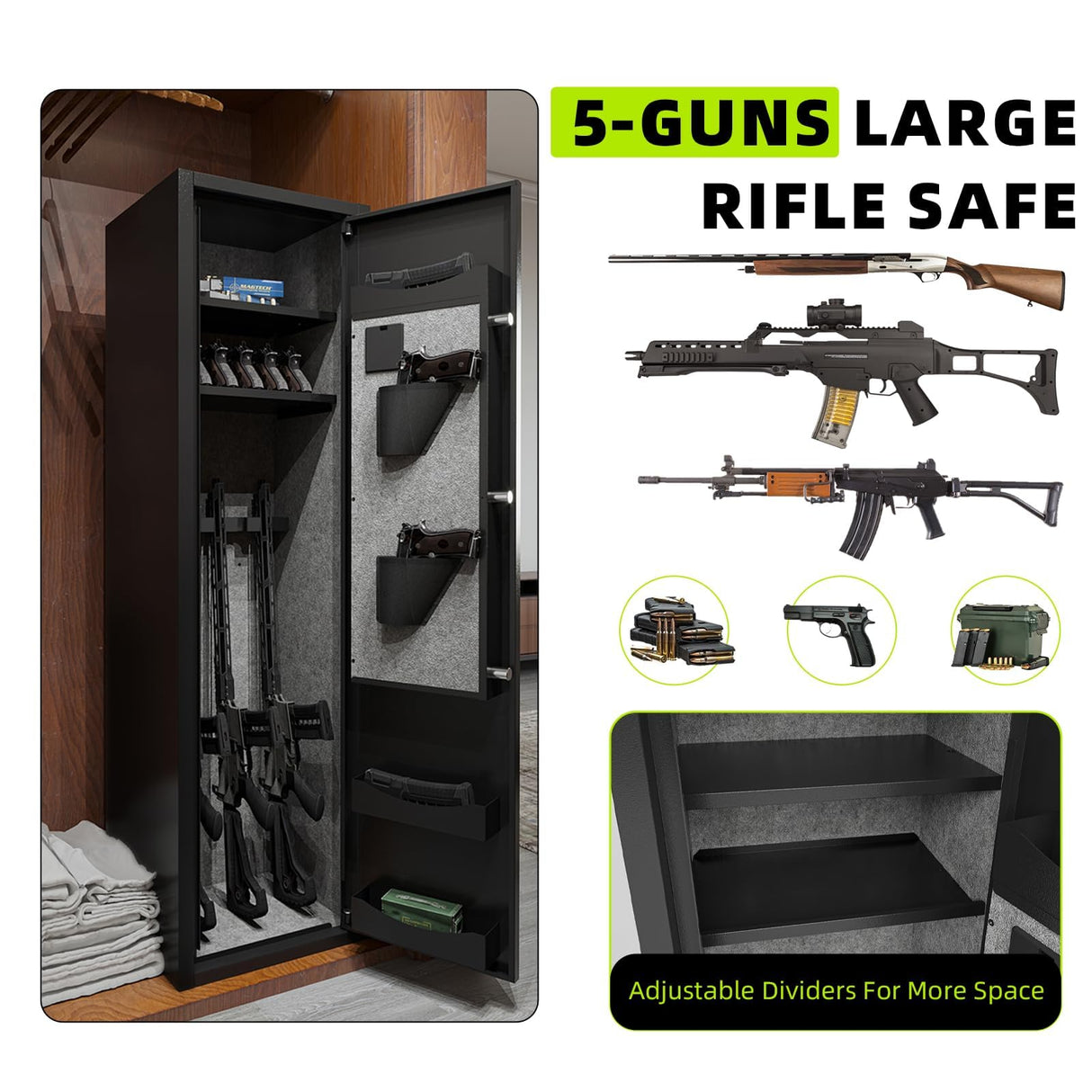 KAER 6 Gun Safe for Rifles and Pistols Large Gun Safe for Home Rifles and Shotguns Rifle Safe Electronic Gun Safes with Removable Shelf and Gun Rack KAER