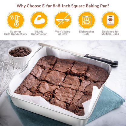 E-far 6/8/9-Inch Square Cake Pan Set, Stainless Steel Square Baking Brownie Pans Metal Bakeware Set of 3, Non-toxic & Healthy, Easy Clean & Dishwasher Safe - WoodArtSupply