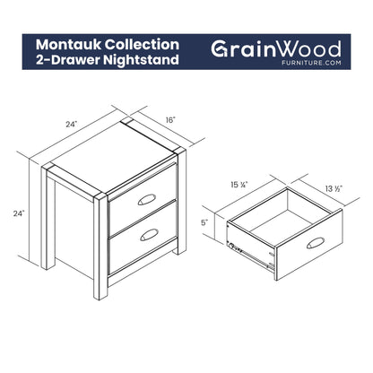 Grain Wood Furniture Montauk 2-Drawer Bedside Nightstand, Solid Wood with Driftwood Finish - WoodArtSupply