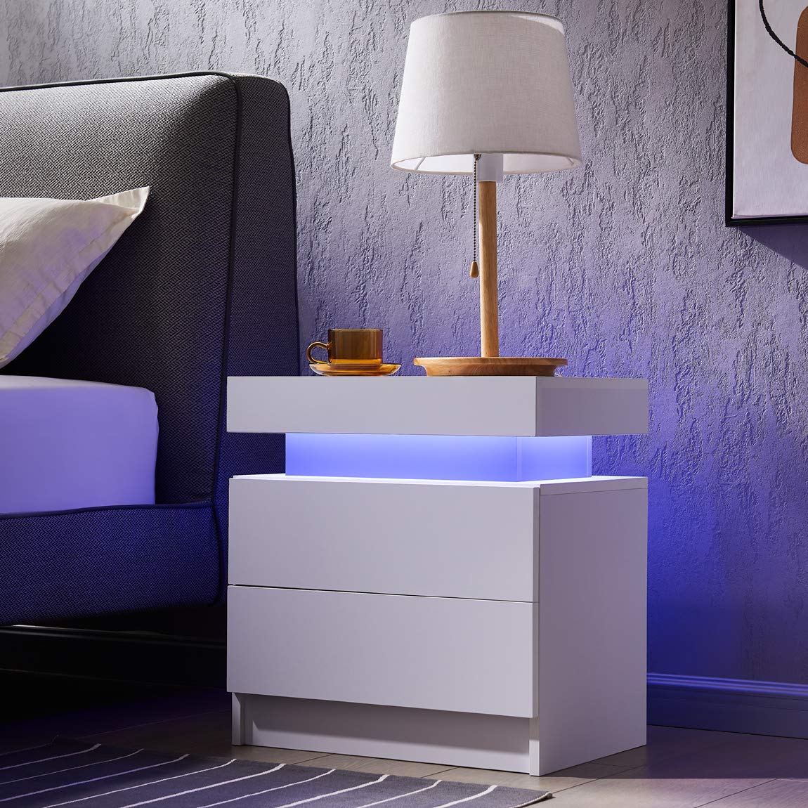 Generic Nightstand LED Set of 2 Bedside Table LED Cabinet with LED Lights Modern End Side Table with 2 Drawers for Bedroom (White), 13D x 19W x 20H in (JCFDB) - WoodArtSupply