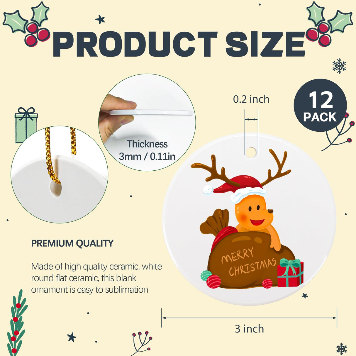 Joyclub 12 PCS 3'' Sublimation Ornament Blanks Ceramic Sublimation Christmas Ornaments Bulk Round White Ornaments for Personalized Xmas Tree Ornament Home Decor DIY Crafts Joyclub