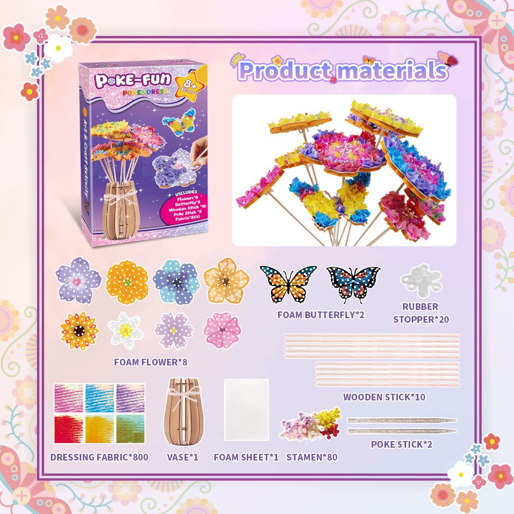 DIY Flower Craft Kits for Kids Ages 4-12 | Creative Arts and Crafts for Girls, Perfect Birthday & Holiday Gifts, Party Activities | Poke-in Art Supplies with 800+ Fabric Squares & Vase CACRTY