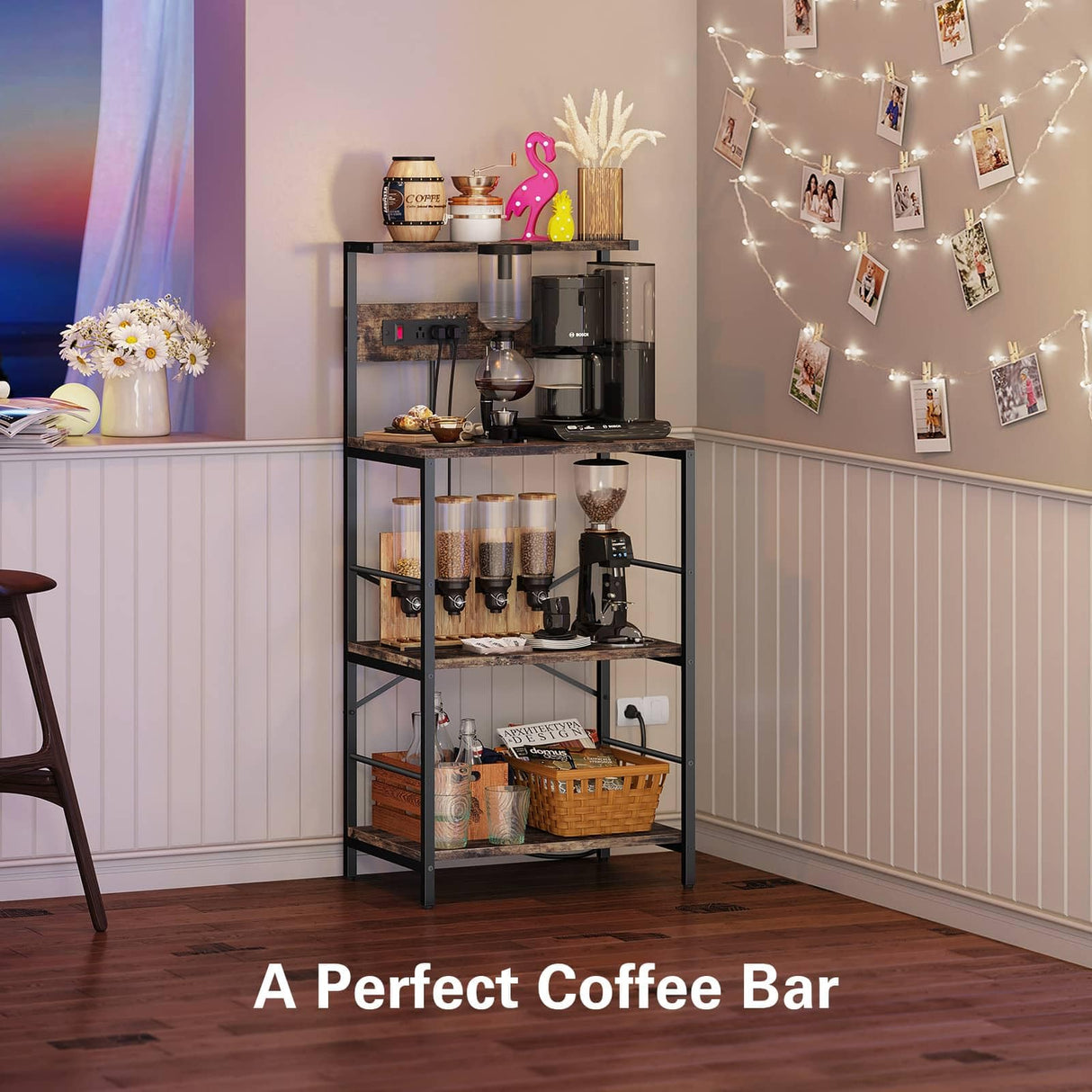Anycoo Bakers Rack with 3 Power Outlets, 4-Tier Microwave Stand with Storage, Freestanding Kitchen Shelf Stand 23.6”L x 15.7”W x 51.2”L, Rustic Brown Coffee Bar Table Anycoo