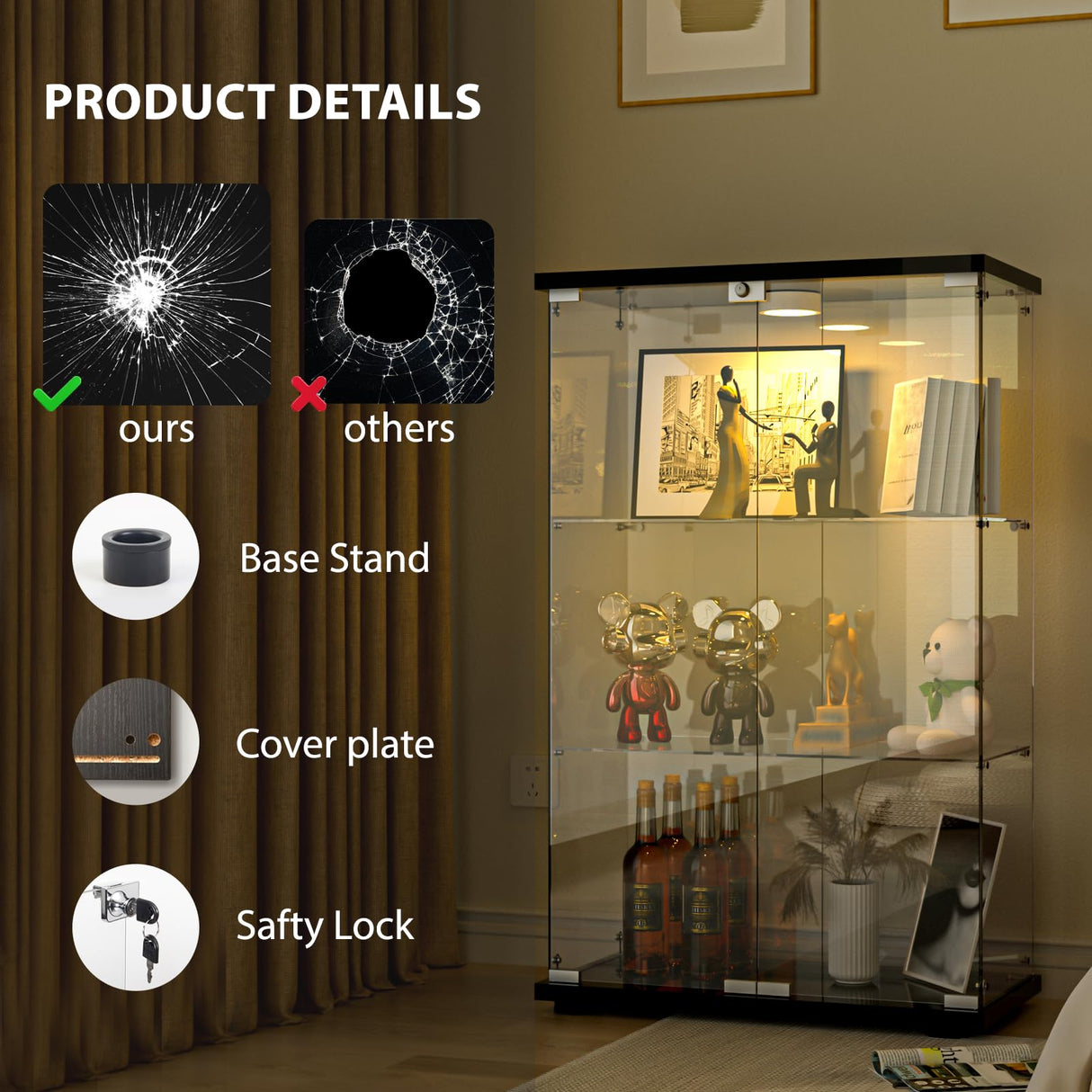 FANYUSHOW Glass Display Cabinet with LED Light, 2 Doors and Lock, Quick-Install Style 3-Shelf Curio Cabinet 5mm Tempered Glass Bookshelf for Living Room, Bedroom, 49" H x 32''L x 14''W (Black) FANYUSHOW