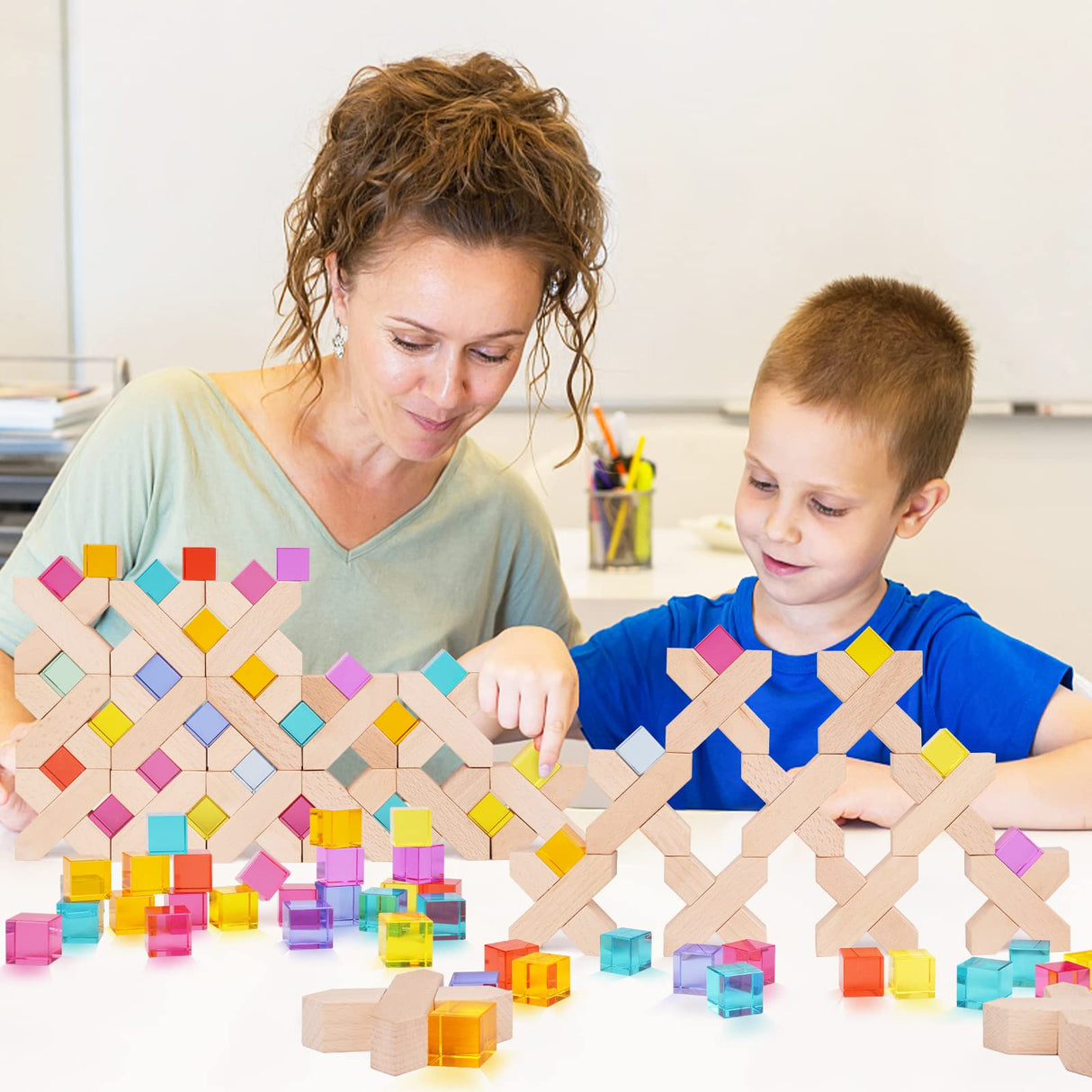 Agirlgle Wooden Rainbow Building Blocks Cube Gem Stacking Blocks Toy - Colorful Montessori Rainbow Stacker Toy Elegant Wood Rainbow Cube Blocks- Acrylic Blocks Educational Toys for Toddlers- 80Pcs Agirlgle