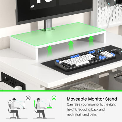 Small Gaming Desk with 2 Fabric Drawers - Reversible Computer Desk with Power Outlet & LED Lights, 49" Office Desk with Monitor Stand & Storage Shelves, Writing Study Table with Pegboard, Whi - WoodArtSupply