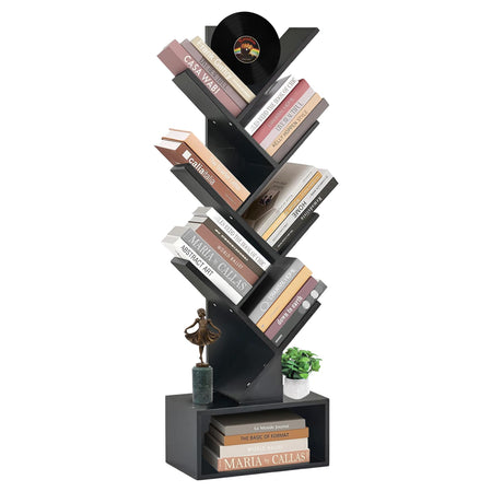 LUSHZLUMBERA 6 Tier Tree Bookshelf, Tall Narrow Wooden Bookcase with Drawer and Storage Cabinet, Freestanding Small Book Shelf Organizer for Bedroom, Living Room, Home Office, Black Display Shelf LUSHZLUMBERA