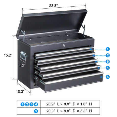 Winado 24" Portable Tool Box, 5 Drawers & Top Storage Tray Tool Box with Drawers, Lockable Metal Tool Chest Cabinet for Garage, Warehouse, Repair Shop & Home Winado