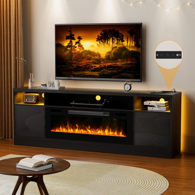 Kucreiheat 70'' TV Stand with 36'' Fireplace-LED Light Entertainment Center for 75+ inch TV-Black TV Cabinet with Storage, Modern TV Console for Living Room
