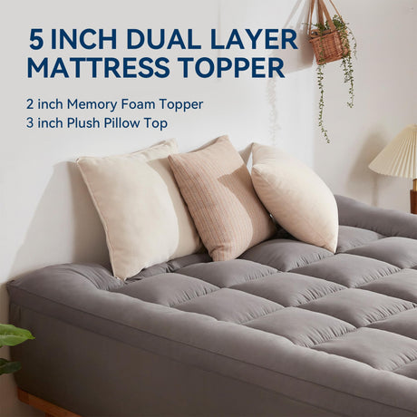 BDEUS Dual Layer 5 Inch Memory Foam Mattress Topper Queen Size, 2 Inch Gel Memory Foam Plus 3 Inch 1450 GSM Down Alternative Quilted Pillow Top Mattress Pad Cover,Dark Gray BDEUS