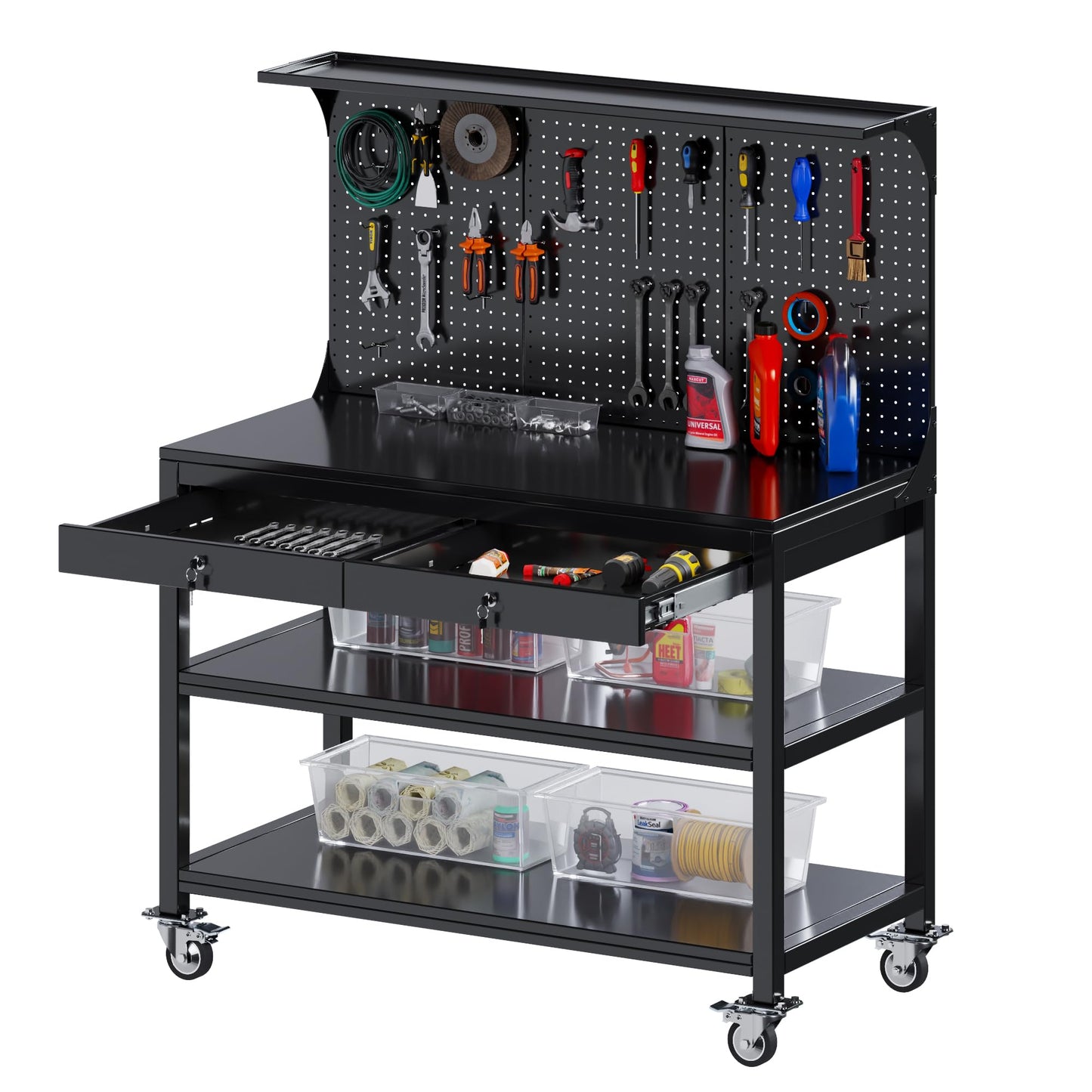 NICOMOW Workbench with Drawers,Heavy-Duty Steel Garage Workbench with Pegboard Shelves,Tool Bench with Wheels,Garage Workbench with Storage for Garage, Home, Workshop, Auto Shop, Basement(Bla - WoodArtSupply