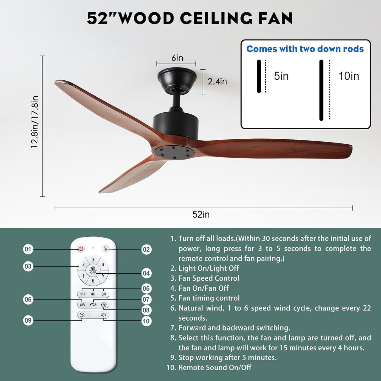Yifi Deco 52'' Wood Ceiling Fan No Light, Indoor Outdoor Ceiling Fan with Remote, Noiseless Reversible DC Motor 3 Blade Walnut Ceiling Fan Without Light for Farmhouse Patio Living Room Bedroom Yifi Deco