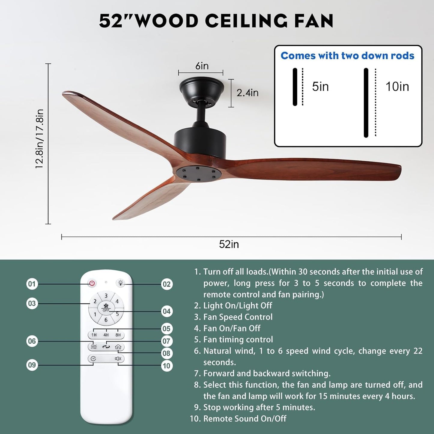 Yifi Deco 52'' Wood Ceiling Fan No Light, Indoor Outdoor Ceiling Fan with Remote, Noiseless Reversible DC Motor 3 Blade Walnut Ceiling Fan Without Light for Farmhouse Patio Living Room Bedroom