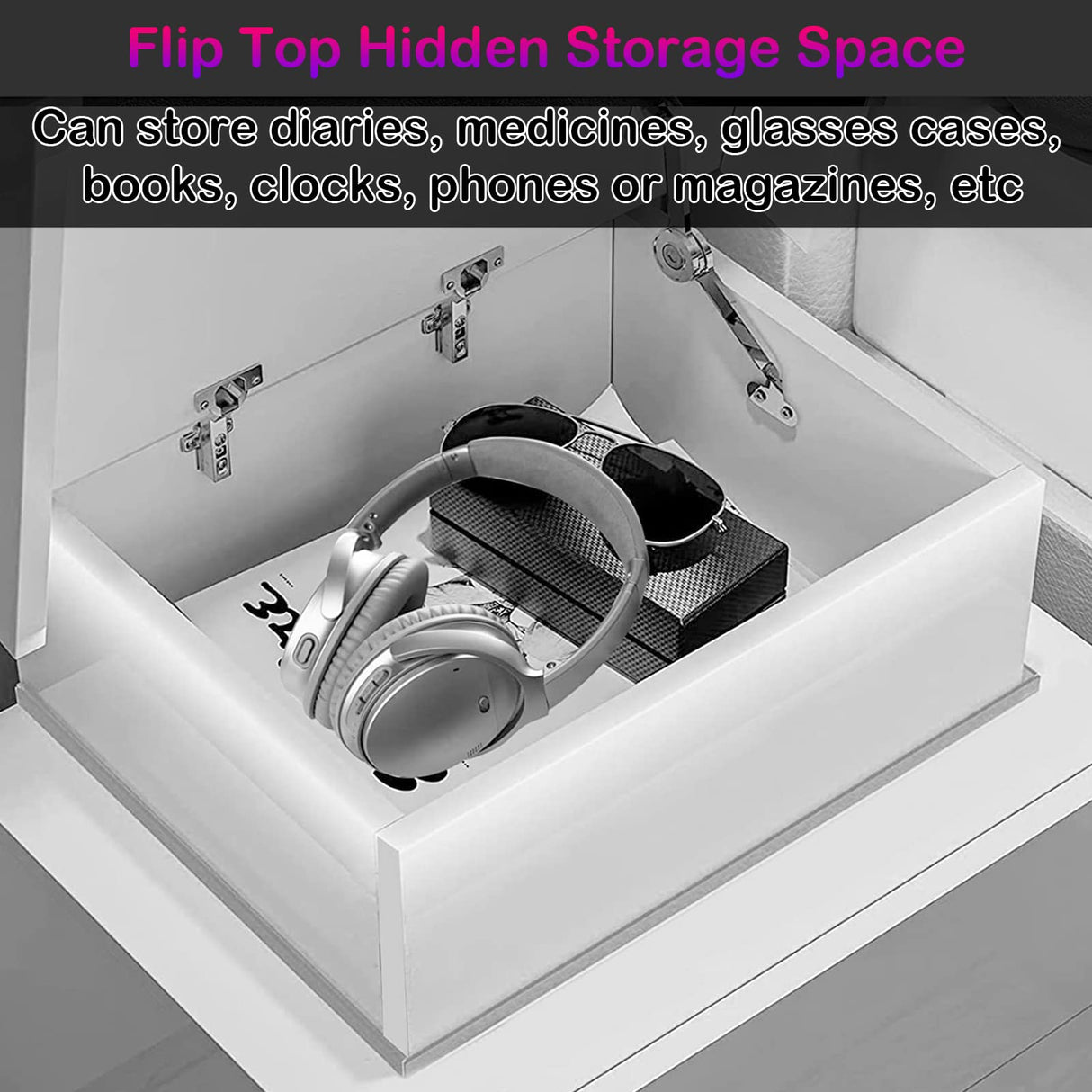 Yoluckea LED Nightstand for Bedroom, Modern High Gloss Wood 2 Drawers White Nightstand Bedside Table End Table with Flip Top Hidden Storage Compartment for Bedroom Living Room Yoluckea