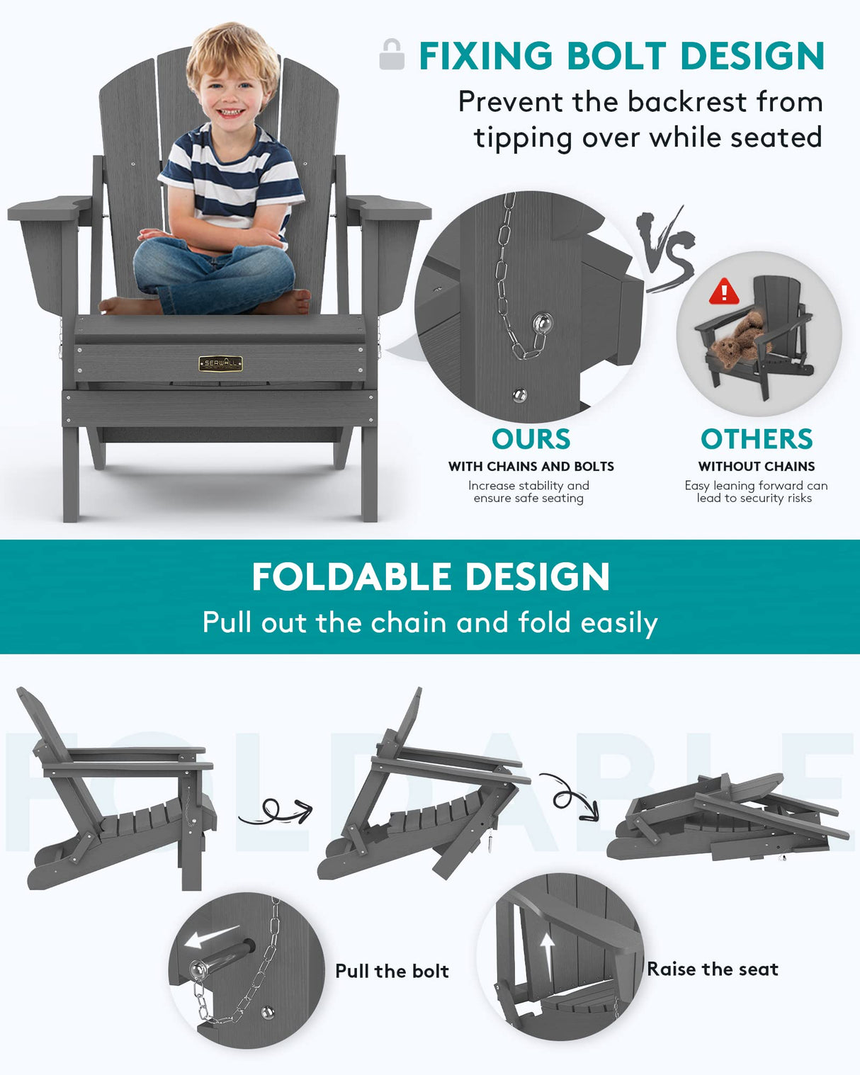 SERWALL Adirondack Chair for Patio Garden Outdoors Fire Pit- (Folding Gray) SERWALL