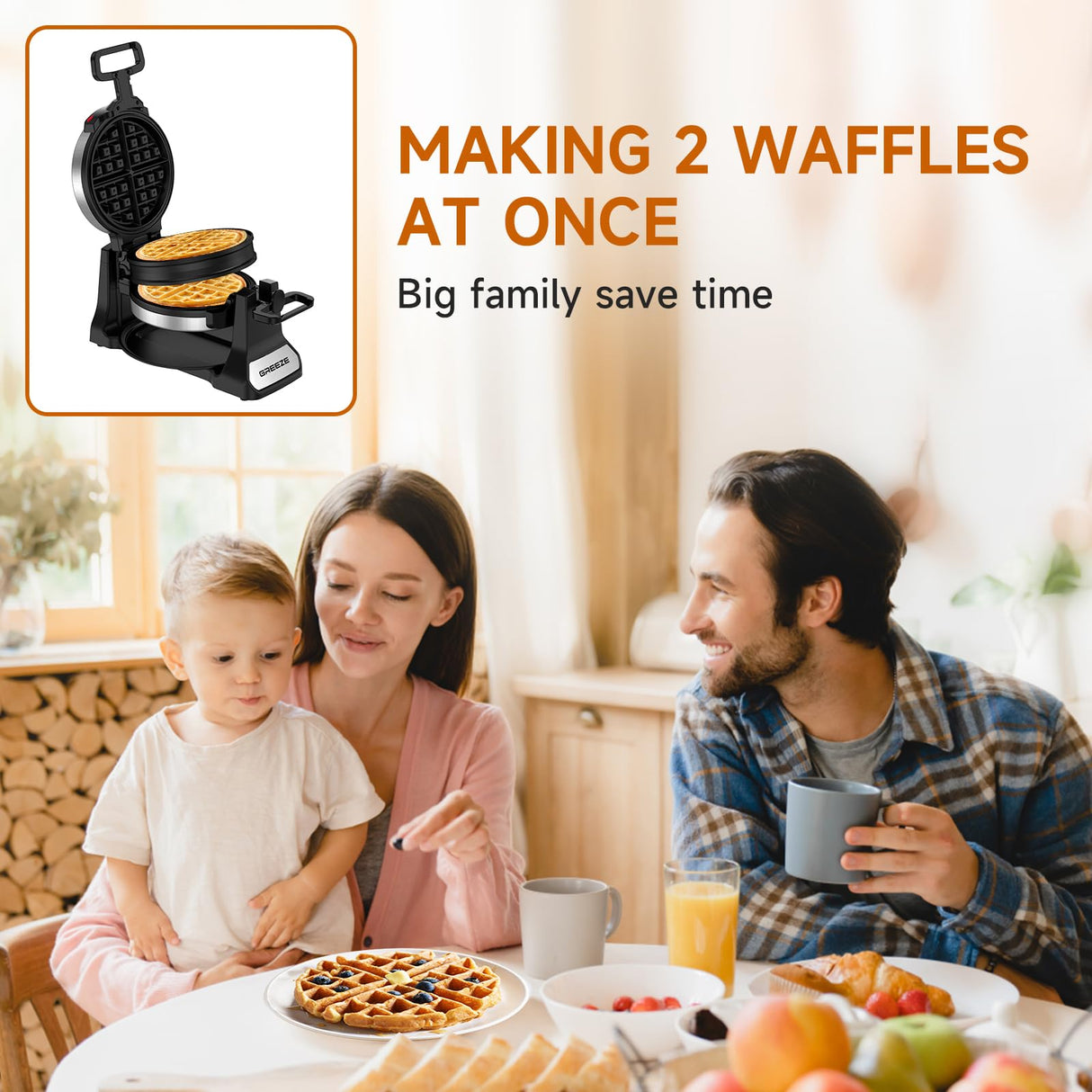 Waffle Maker, Double Belgian Waffle Maker 180°Flip, 1400W Waffle Iron 8 Slices, Rotating & Nonstick Plates with Removable Drip Tray for Easy Clean, Stainless Steel, Locking Buckle & Cool Touch Handle Greeze