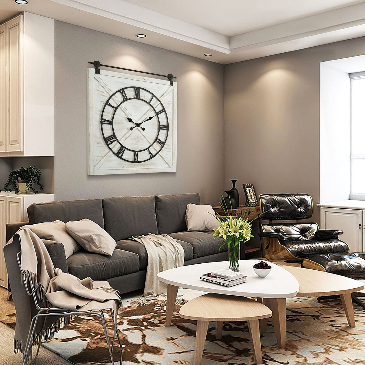 FLORA Large Farmhouse Wall Clock,Rustic Barn Door Wall Clocks for Living Room Decor, Battery Operated 29.5" H x 27" W, Whitewash FLORA