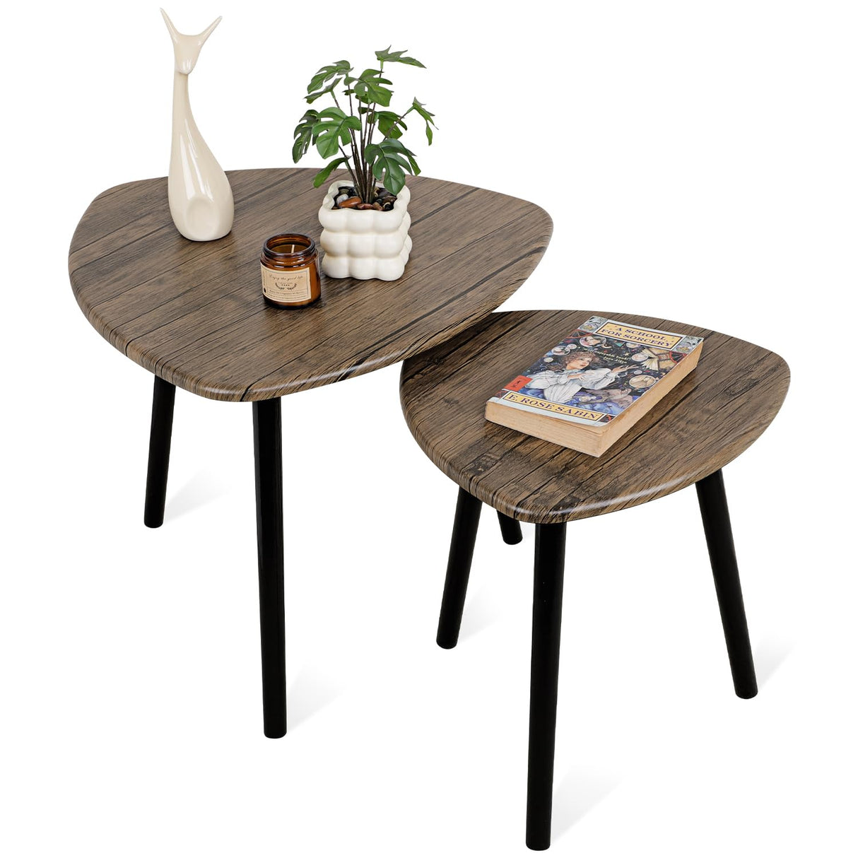 Small Nesting Coffee Table Set of 2 Modern Minimalist Wooden Side Table with Wood Frame for Couch Bedroom Apartment, Light Brown FEUFOAM