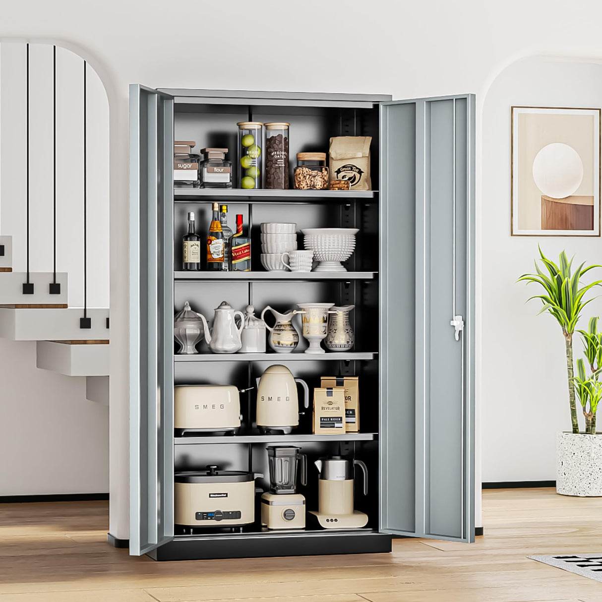 INTERGREAT Metal Storage Cabinet, 72" Tall Locking Storage Cabinet with 2 Doors and 4 Adjustable Shelves, Steel Tool Locking Cabinet for Home Office, Warehouse, School (Black Grey) INTERGREAT