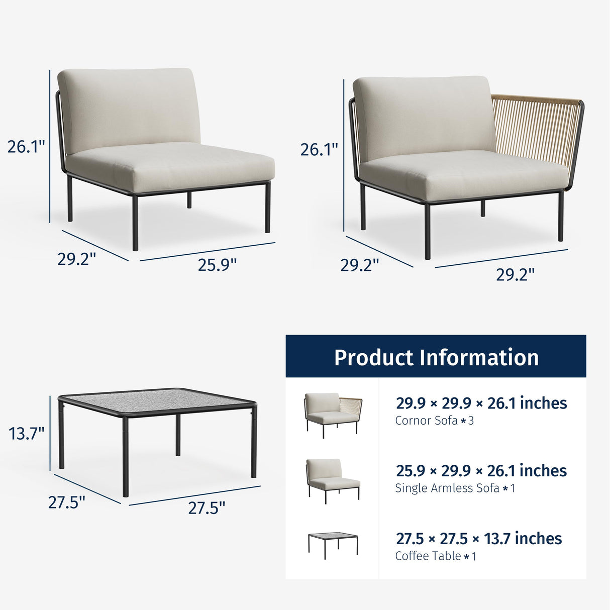 EAST OAK 5-Piece Modular Patio Furniture Set, Outdoor Corner Sofa with Thick Cushion and Glass Coffee Table, Modern Patio Conversation Set for Garden, Backyard and Porch, Creamy Apricot & Griege EAST OAK