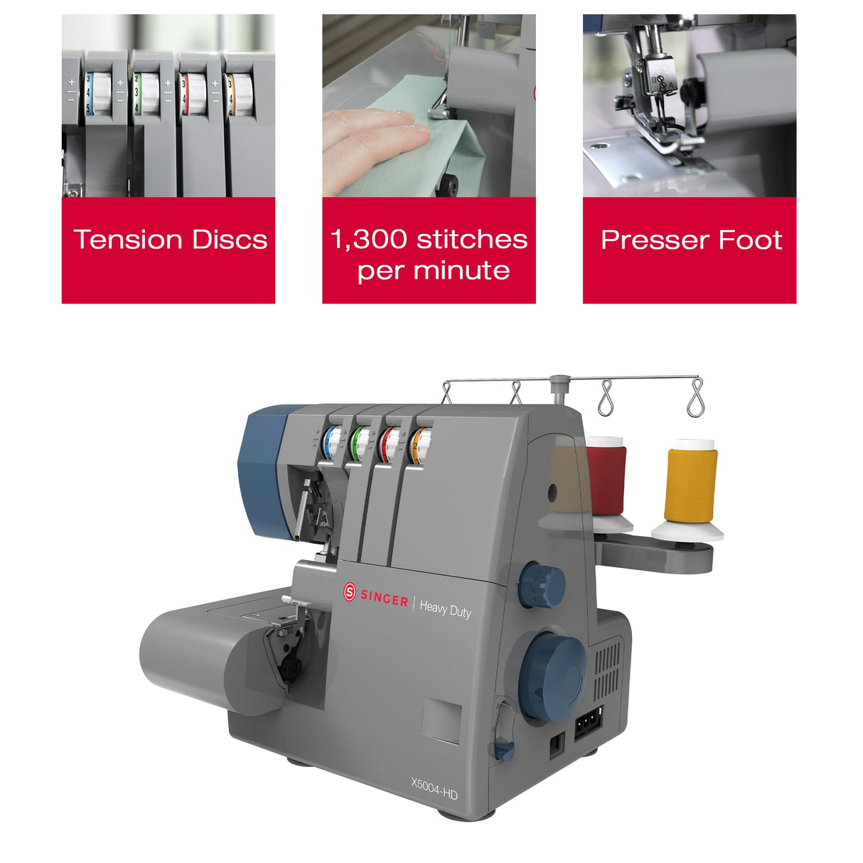 SINGER X5004-HD Metal Frame Serger & Overlock Machine | 2-3-4 Stitch Capability, 8 Built-In Stitches, 1300 Stitches per minute, Adjustable Differential Feed & 2 LED Lights (Grey/Blue) SINGER