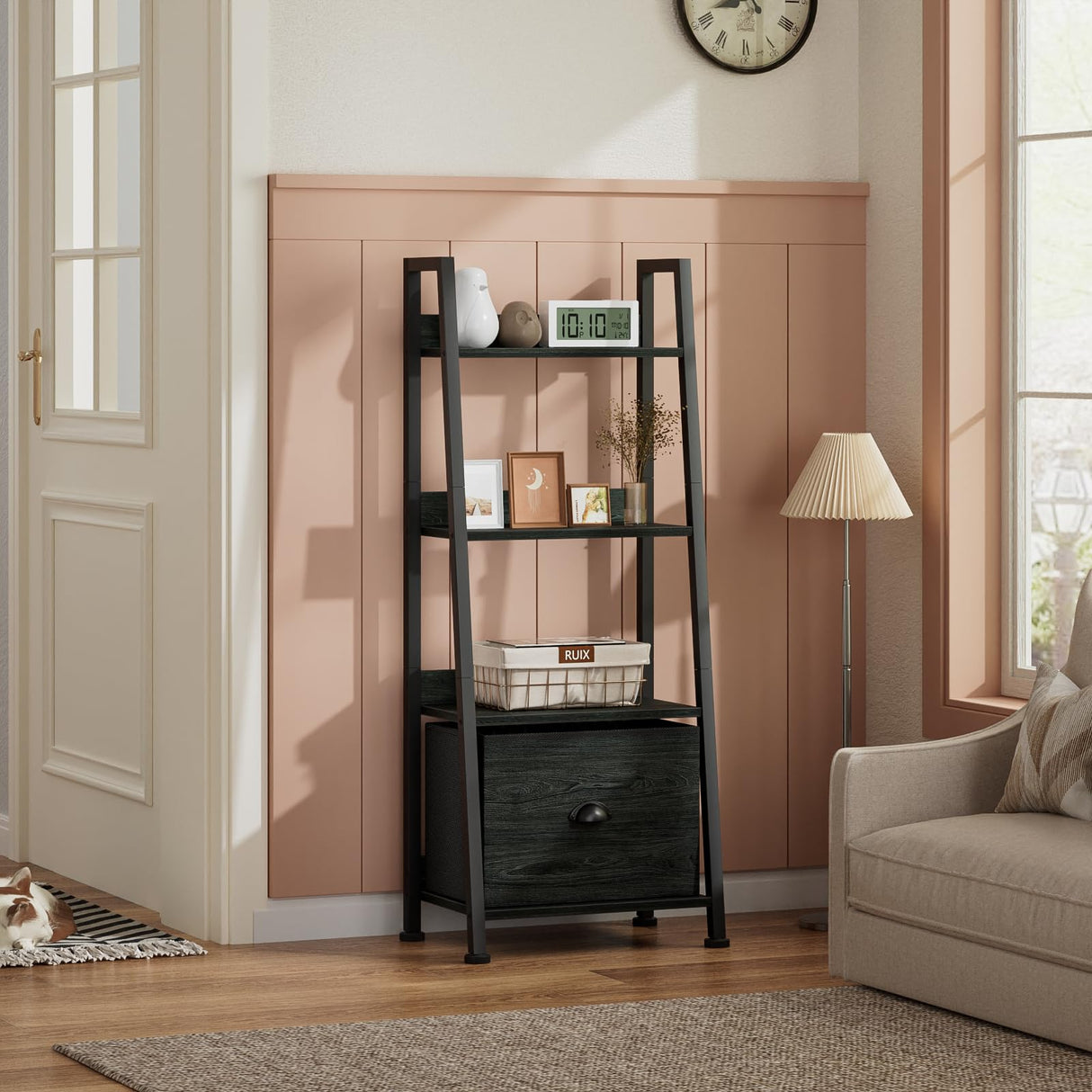Furologee 4-Tier Ladder Shelf, Ladder Bookshelf with Removable Drawer, Bookcase Storage Rack Organizer, Freestanding Storage Shelves for Living Room, Home Office, Bedroom, Black Oak Furologee