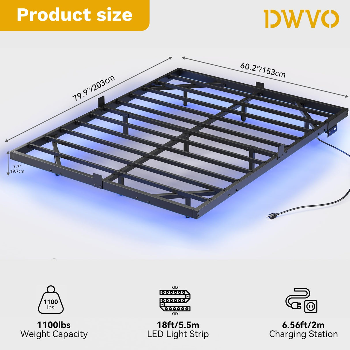 DWVO Queen Size Floating Bed Frame, LED Bed Frame with USB Port, Queen Metal Platform Bed with Heavy Duty Steel Slats, No Box Spring Needed, Easy Assembly, Black DWVO