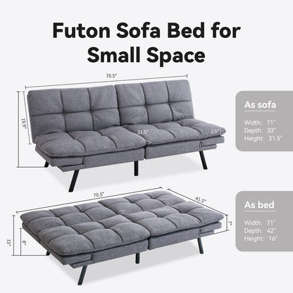 Opoiar Futon Sofa Bed Twin, Memory Foam Couch Bed with Mattress and Frame Included,Comfortable Grey Fabric Loveseat Sleeper Sofa for Dorm Apartment Office College Small Space Bedroom