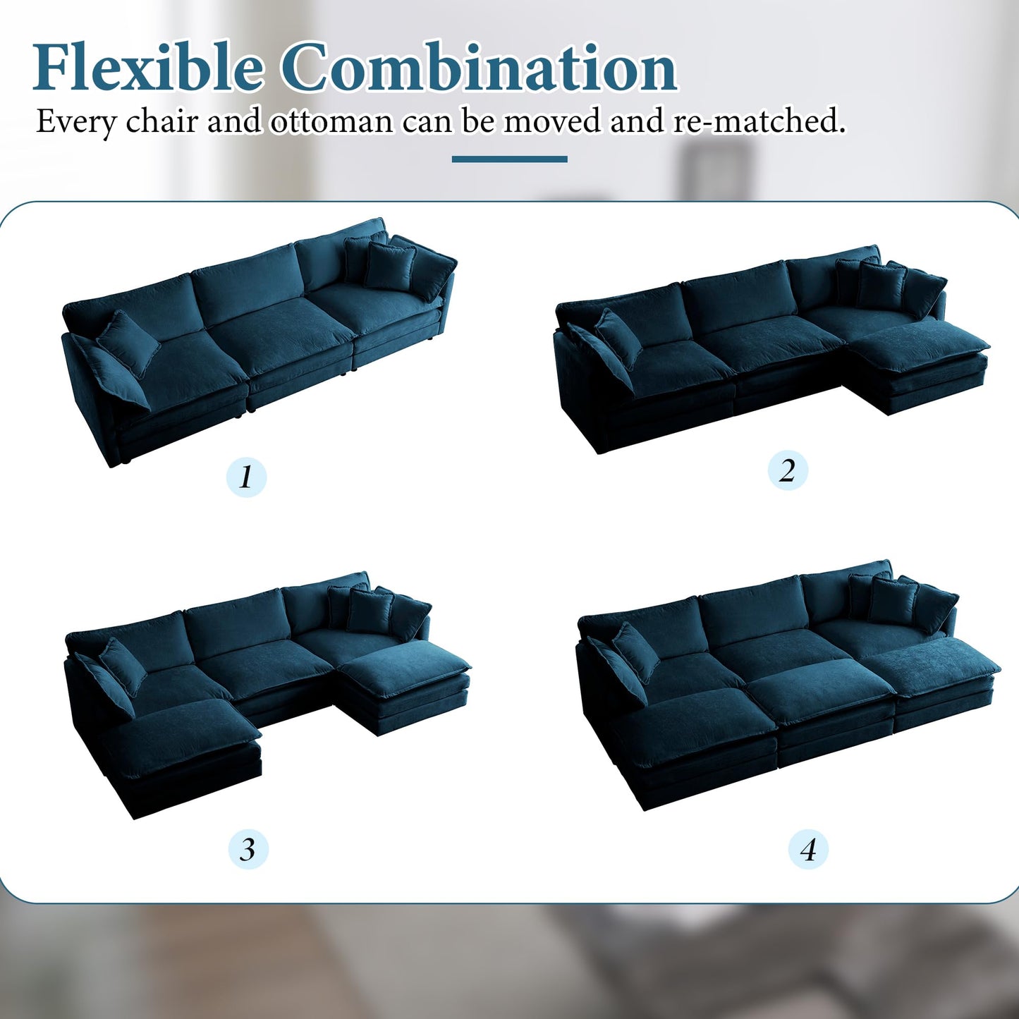 111.42" Deep Seat Sectional Cloud Sofa Sleeper with 3 Ottomans & Soft Pillows, 6 Seat Modular Couch Bed for Living Room, Apartment, Dark Blue Chenille