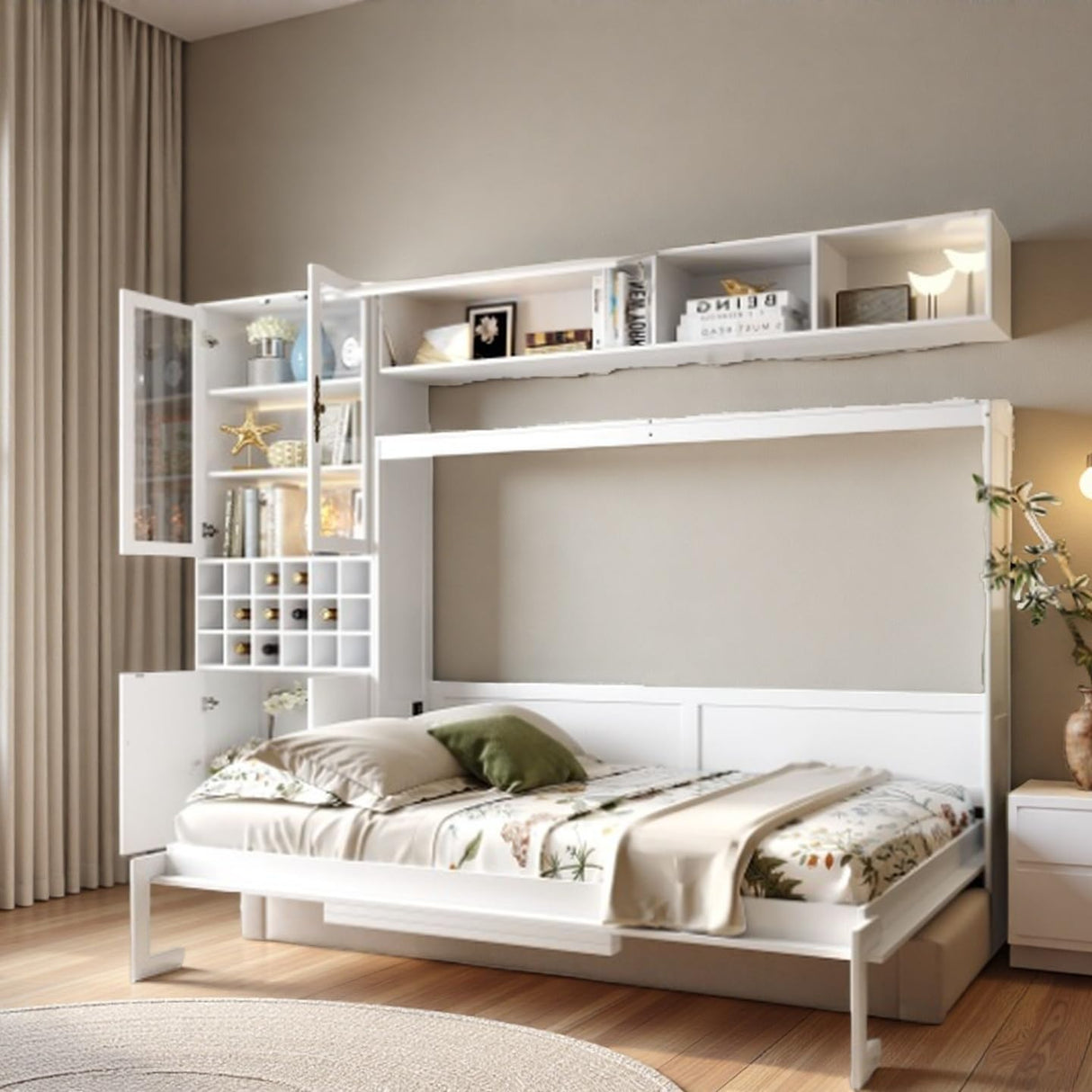 Full Size Murphy Bed with Sofa and Storage Shelves, Space Saving Foldable Bed Frame with USB & Light, Multi-Functional Wall Bed with Sofa for Living Room, No Box Spring Needed, White SOFTSEA