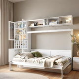 Full Size Murphy Bed with Sofa and Storage Shelves, Space Saving Foldable Bed Frame with USB & Light, Multi-Functional Wall Bed with Sofa for Living Room, No Box Spring Needed, White SOFTSEA