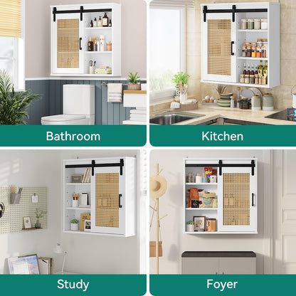 YITAHOME Bathroom Cabinet Wall Cabinet, Rattan Wall Cabinet, Towel Cabinet for Storage Over the Toilet, Wood Wall Storage Bathroom Cabinet with Sliding Barn Door and Adjustable Shelf, Floating Cabinet