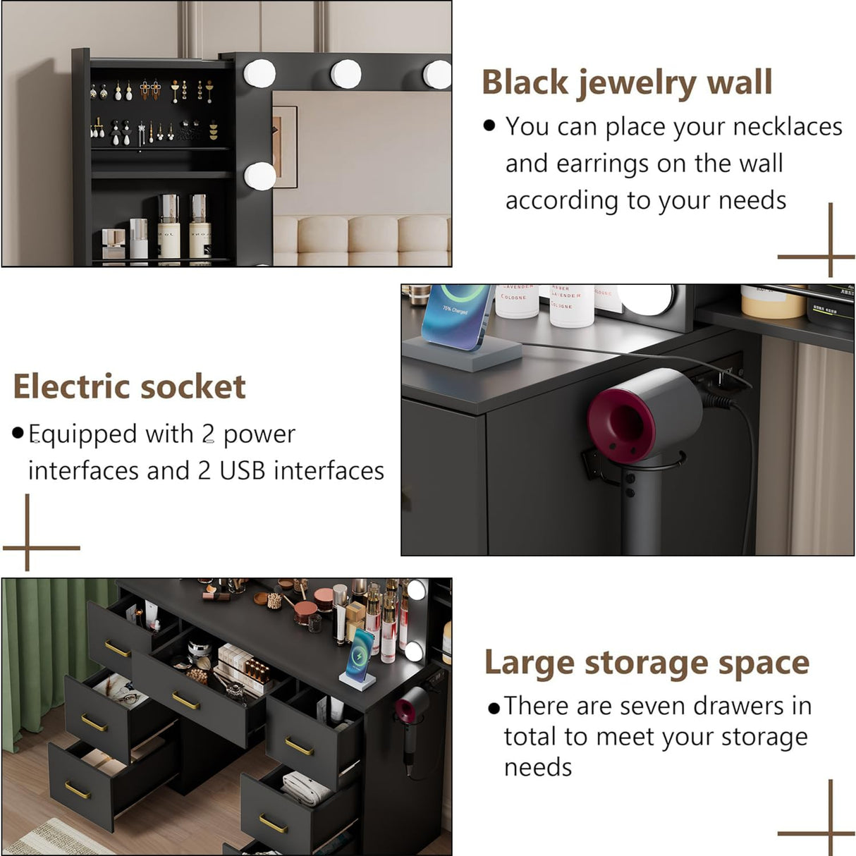 FURNJOYLIFE Black Makeup Vanity Desk with Lighted Mirror & Power Outlet,3 Color Modes, Brightness Adjustable,Vanity Table with Drawer,Sliding 2 Storage Wall-Mounted Jewelry,4 Shelves for Bedroom FURNJOYLIFE