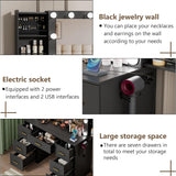 FURNJOYLIFE Black Makeup Vanity Desk with Lighted Mirror & Power Outlet,3 Color Modes, Brightness Adjustable,Vanity Table with Drawer,Sliding 2 Storage Wall-Mounted Jewelry,4 Shelves for Bedroom FURNJOYLIFE