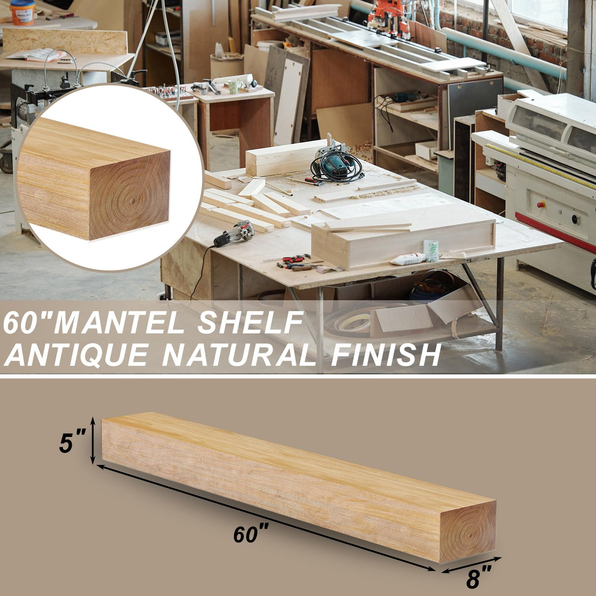 ROOMTEC Fireplace Mantel,60" Wood Floating Fireplace Shelves,Wall Mounted Wooden Display Shelving,Handcrafted Wood Brack,Natural Mantels Over Fireplace | 60" x 8" x 5"-Aged Oak ROOMTEC