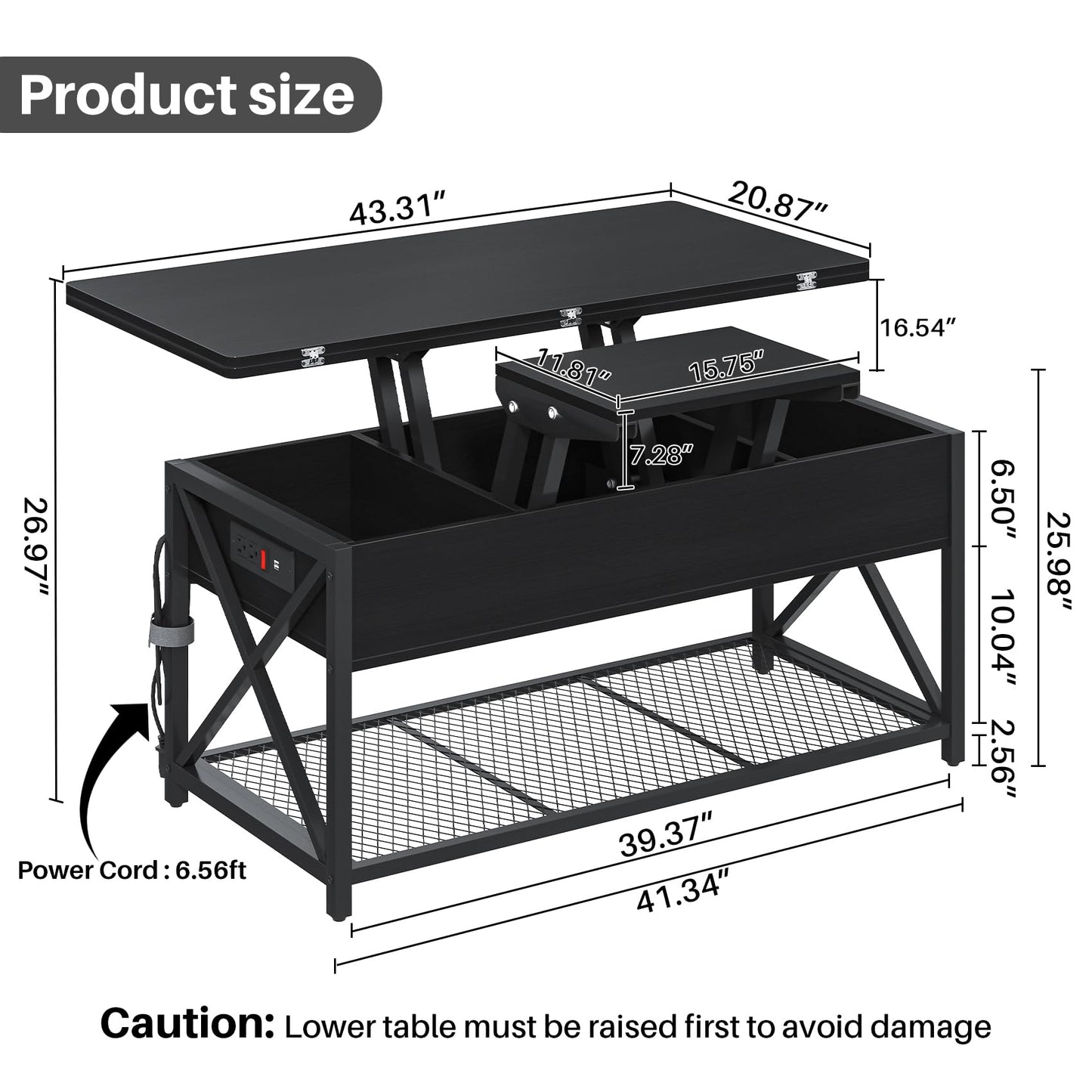 Osfvolr 43" Lift Top Coffee Table with Charging Station, 4 in 1 Coffee Table with Storage, Black Coffee Table Converts to Dining Table for Living Room, Game Table, Home Office - WoodArtSupply