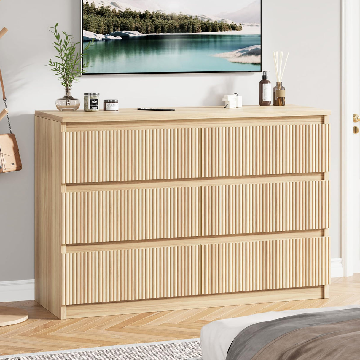 Jocoevol 6 Drawer Dresser for Bedroom, Boho Fluted Dresser with Deep Drawers, Large Double Natural Wood Chest of Drawers for Living Room, Hallway, Entryway (Wood) Jocoevol