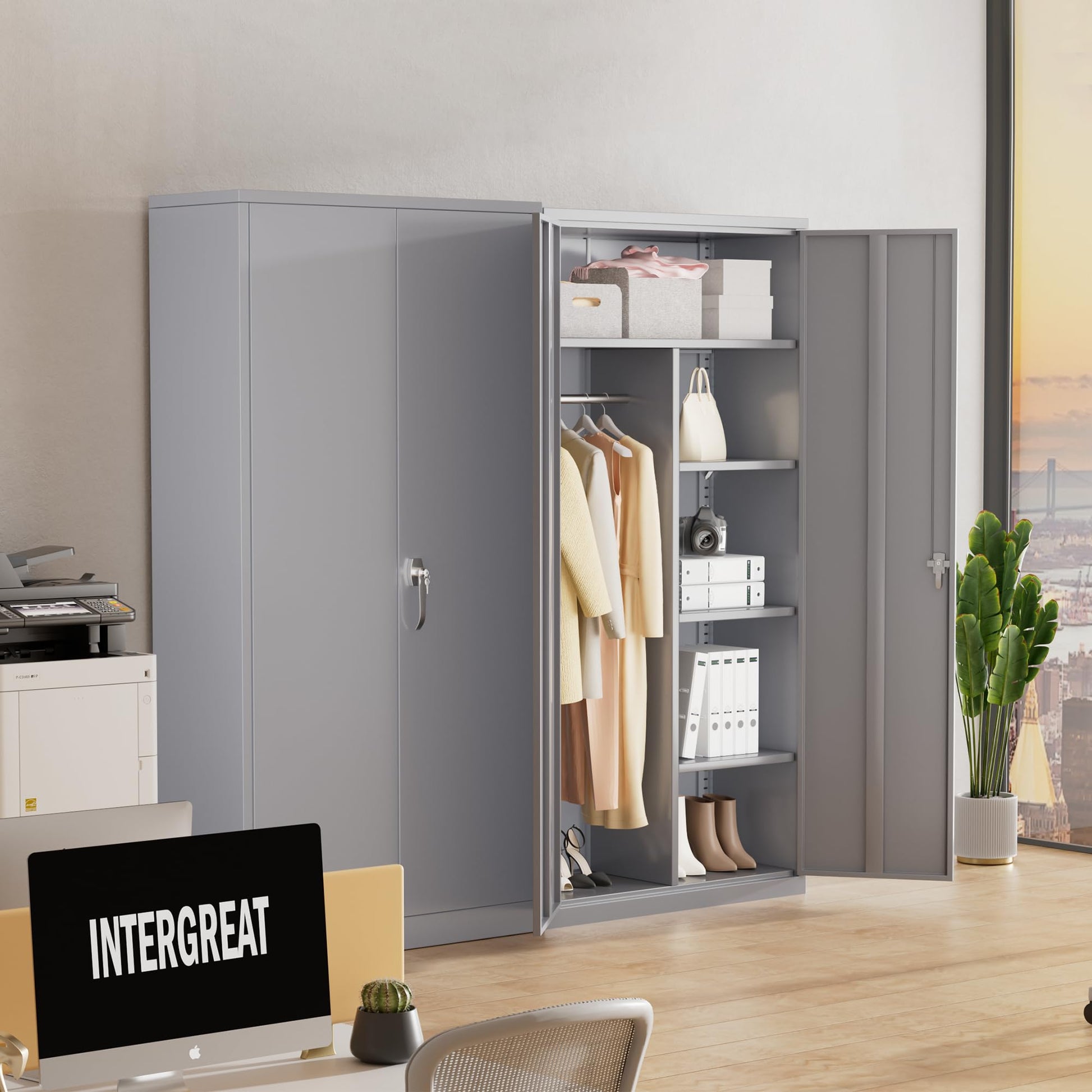 INTERGREAT Metal Storage Cabinet with Locking Doors, 72" Tall Wardrobe Closet with Lock and Hanging Rod, Steel Storage Locker Closet with 4 Shelves for Home Office, Garage, Cement Grey - WoodArtSupply