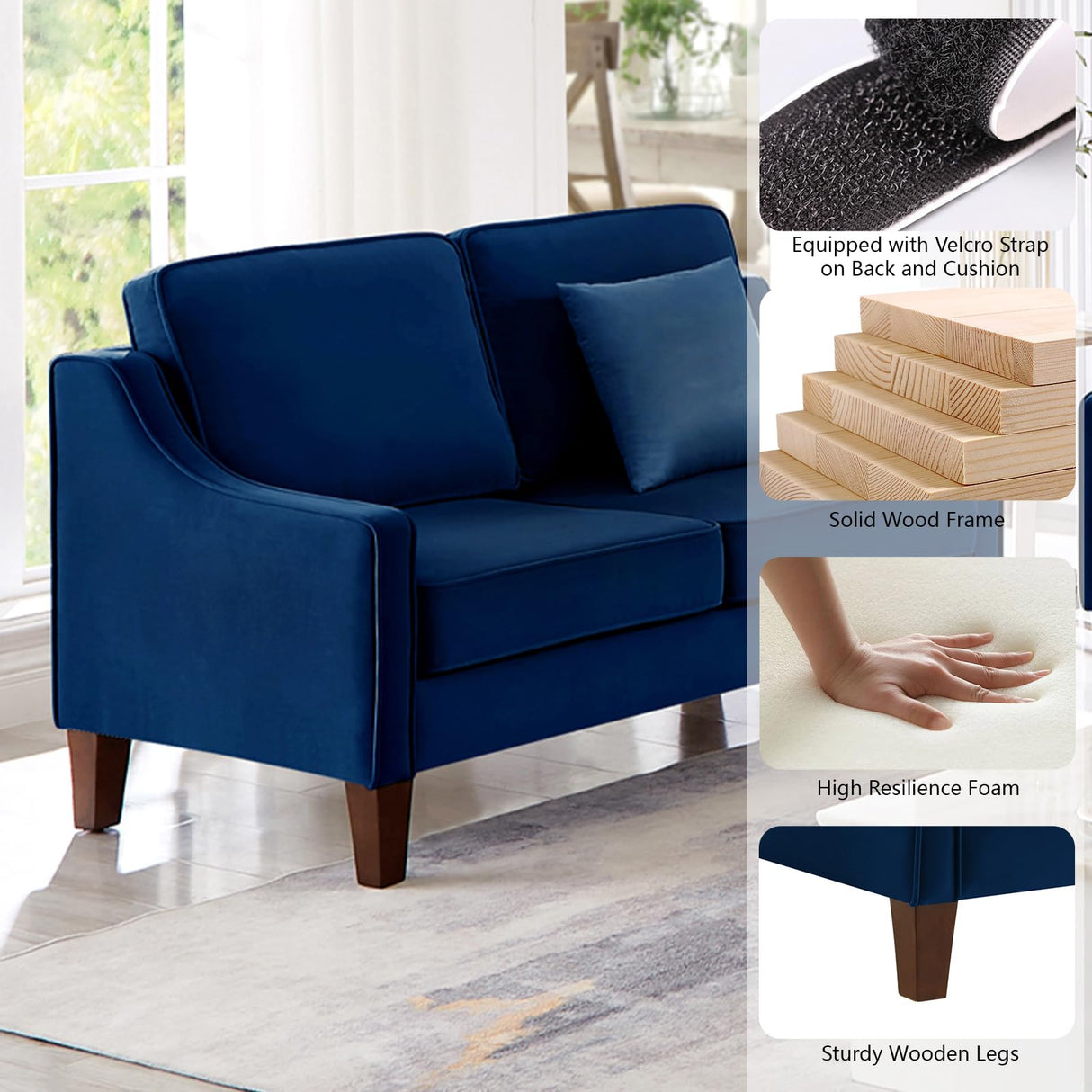 GOAWGO Modern Velvet Loveseat Sofa Couch Upholstered Love Seat Couches with Wooden Legs Comfy 2 Seat Small Couch for Living Room Bedroom Small Spaces, Navy GOAWGO