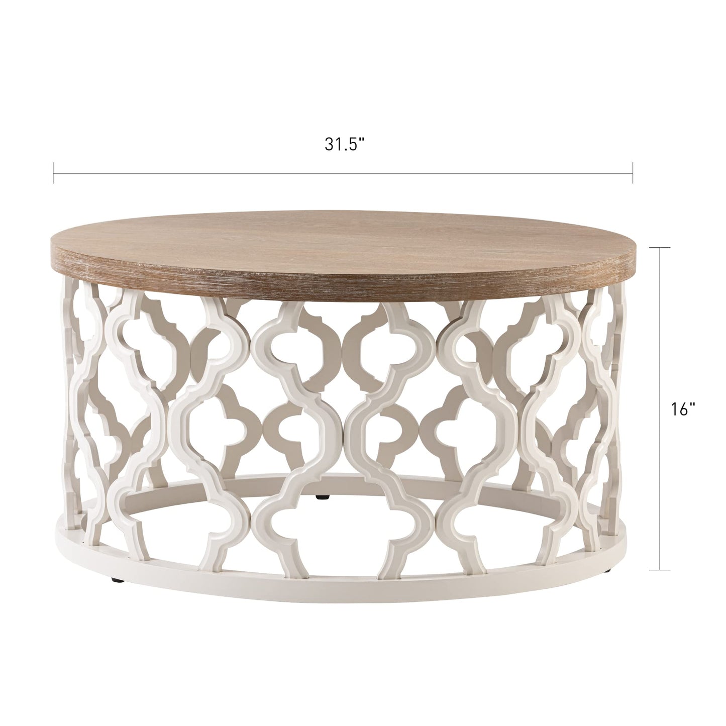 Clredg Round Farmhouse Coffee Table, Wood Grain Top Table with Curved Motif Frame Base for Rustic, Boho, Rustic, French Country Decor, Traditional White - WoodArtSupply